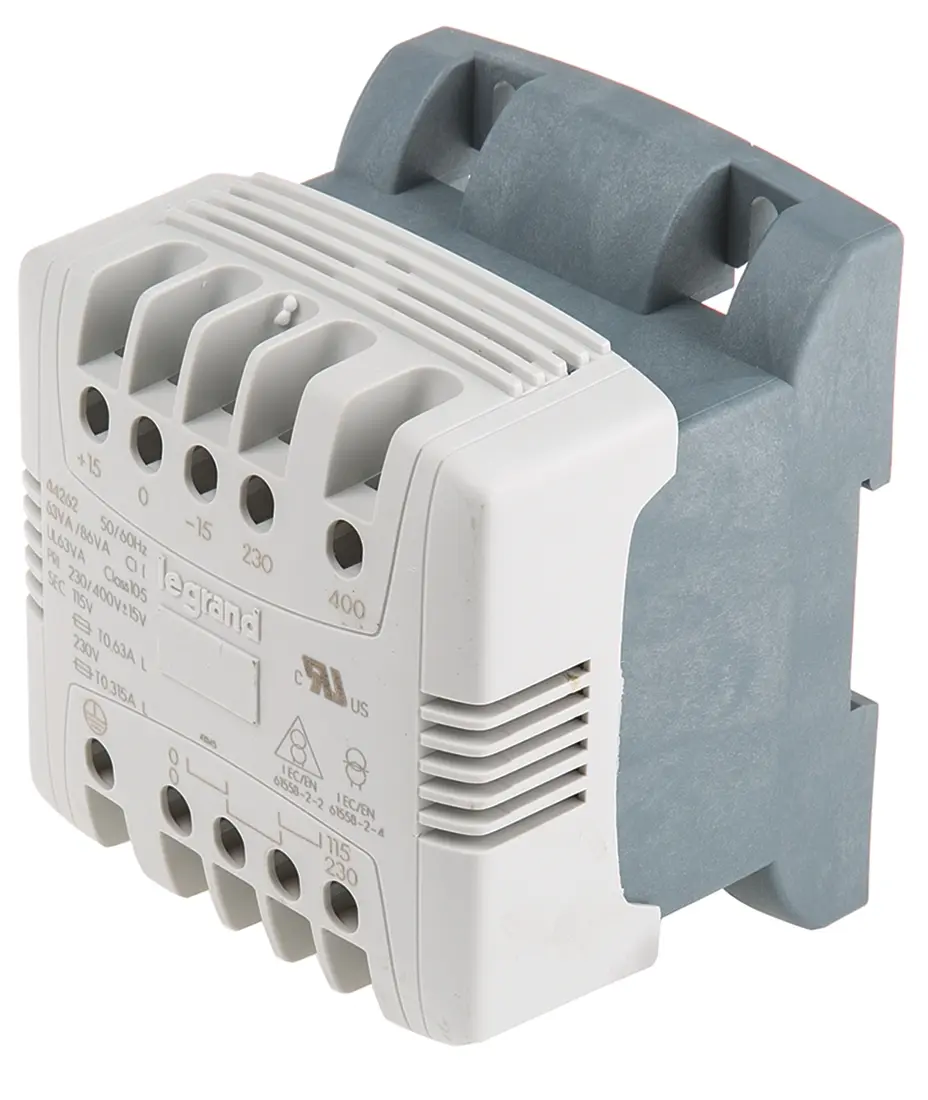 Produktfoto 1 von Legrand DIN-Schienen-Trafo, 63VA, Primär 230V ac, 400V ac / Sekundär 115V ac DIN-Schiene, 113mm x 94mm x 85mm