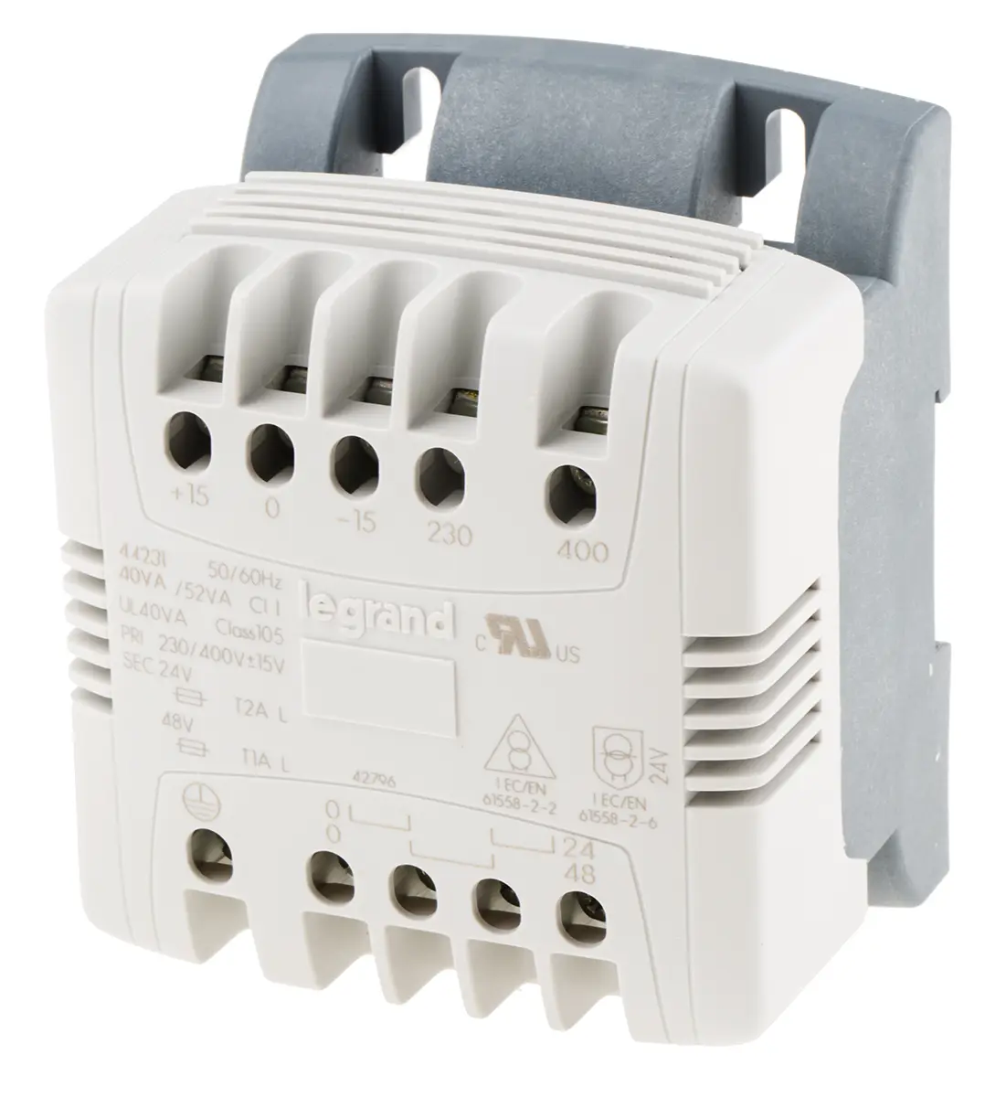 Produktfoto 1 von Legrand DIN-Schienen-Trafo, 40VA Primär versch.Spannungen / Sekundär 24V ac DIN-Hutschiene 2 Ausg. x 94mm x 78mm