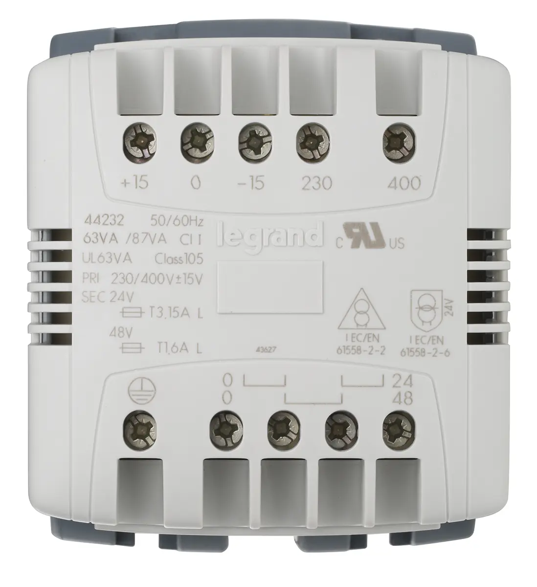 Produktfoto 1 von Legrand DIN-Schienen-Trafo, 63VA, Primär 230V ac, 400V ac / Sekundär 24V ac DIN-Hutschiene, 113mm x 94mm x 85mm