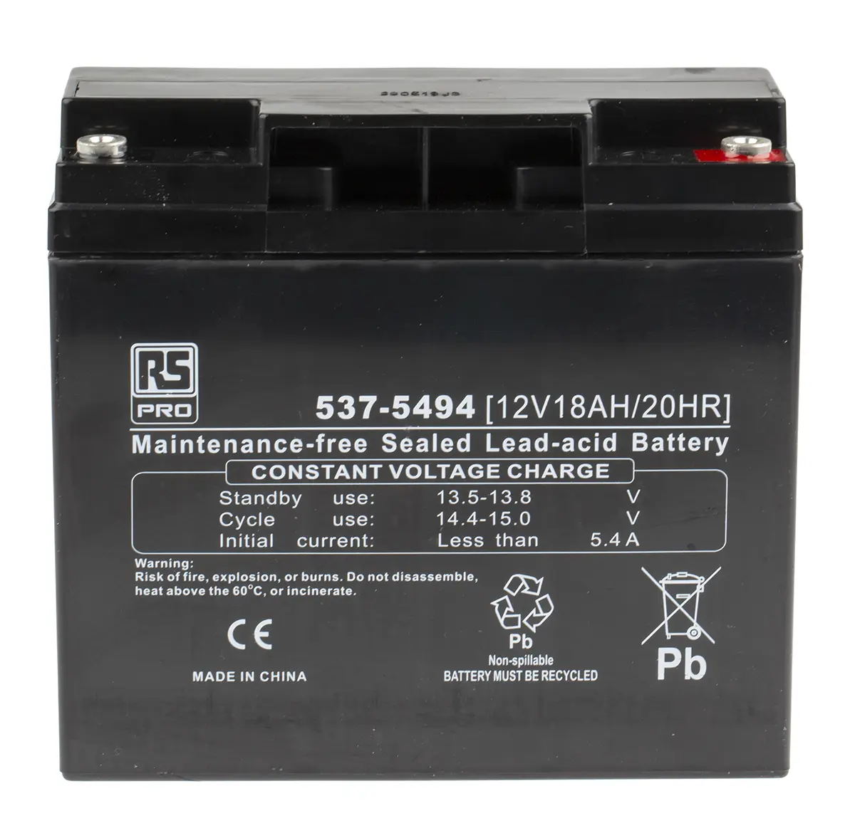 Produktfoto 1 von RS PRO RS PRO Abgedichteter Bleiakku, 12V / 18Ah, T12-Anschluss, 181.5 x 76.5 x 167.5mm