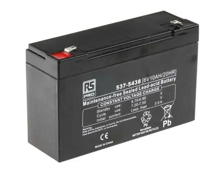 Produktfoto 1 von RS PRO RS PRO T1 Abgedichteter Bleiakku, 6 V / 10 Ah, 94mm x 151 mm
