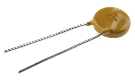 Produktfoto 1 von Vishay VDRS Varistor, 6500 pF, 18 to 895 V / 50 A 376 V, 6.5 kA max., Scheibe Gehäuse, Ø 20 mm, 1.1 mm, L. 32 mm