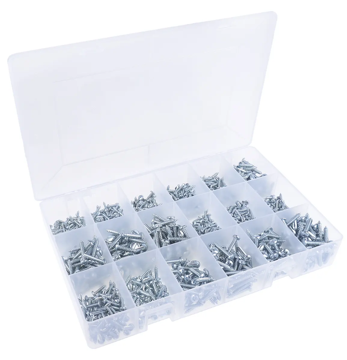 Produktfoto 1 von RS PRO Stahl Pozidriv, Schlitz Schrauben Sortiment Flachrund x 25 mm x 9 mm, 1200 Stück