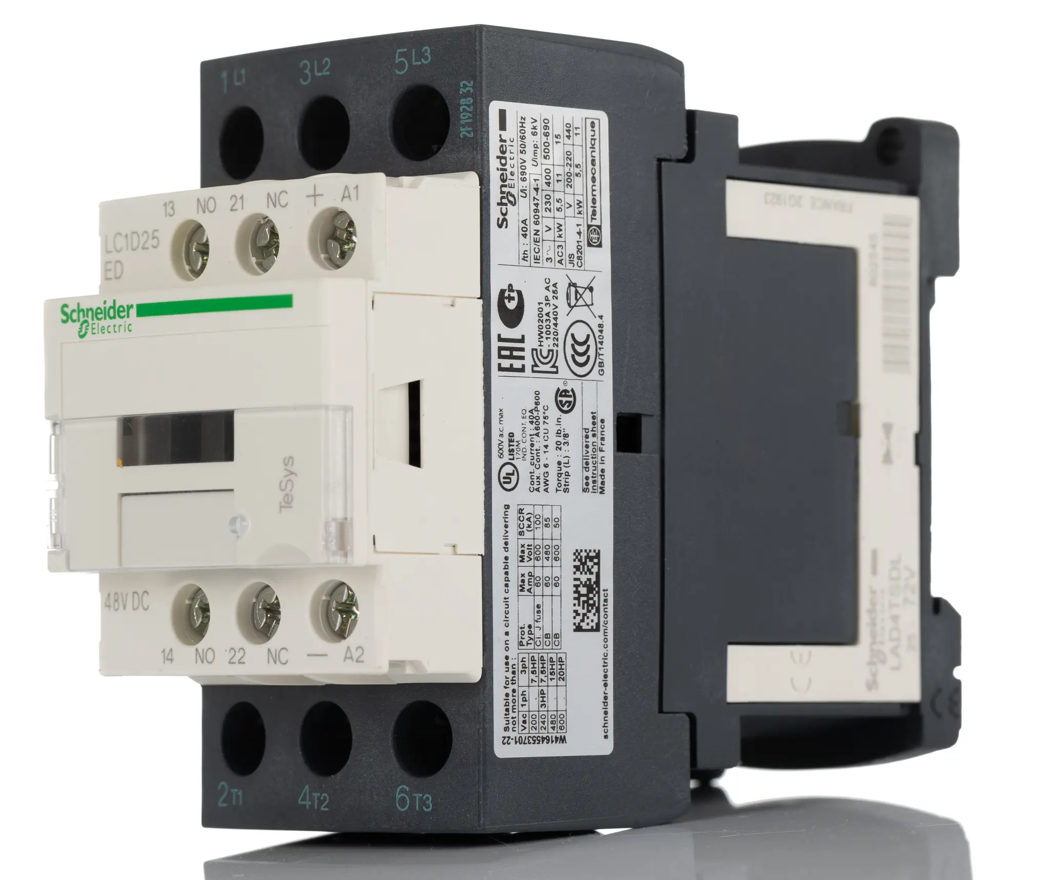 Produktfoto 1 von Schneider Electric LC1D Schütz 48 V dc-Spule, 3-polig, 690V ac / 25 A 48 V dc 11 kW 3 Schließer Motorsteuerung