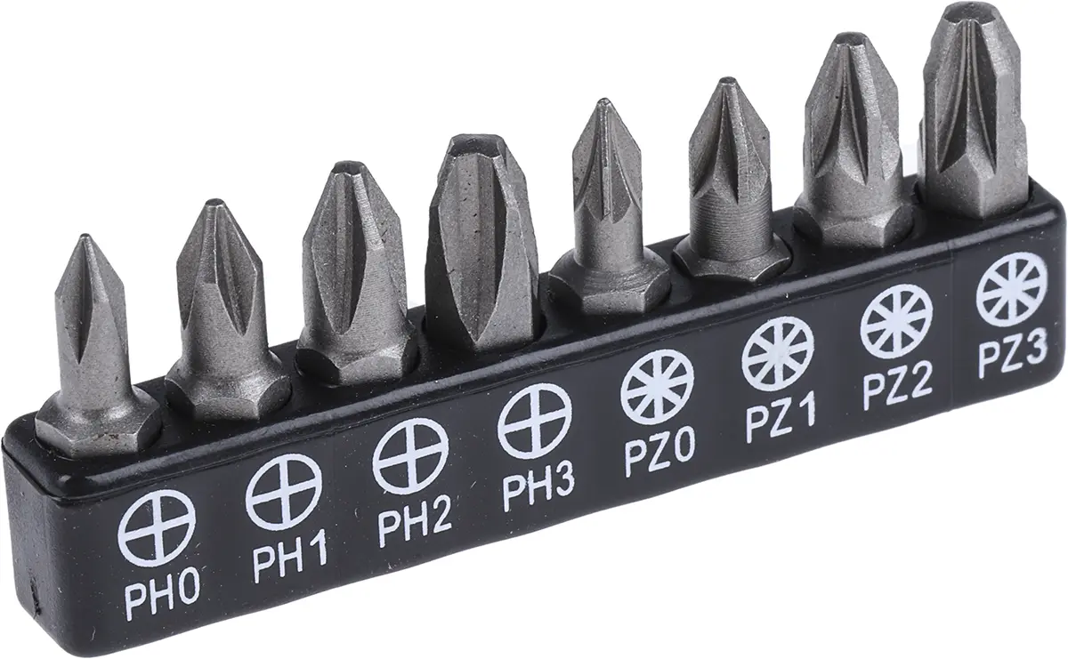 Produktfoto 1 von RS PRO Phillips, Pozidriv Phillips Treiberbit CrMo-Stahl 25 mm PZ0, PZ1, PZ2, PZ3, 8-teilig
