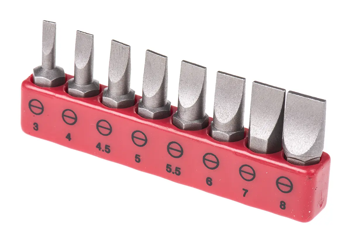 Produktfoto 1 von RS PRO Geschlitzt Sechskant Treiberbit CrMo-Stahl SL3, SL4, SL4.5, SL5.5, SL6, SL7, SL8, Länge 25 mm, 8-teilig