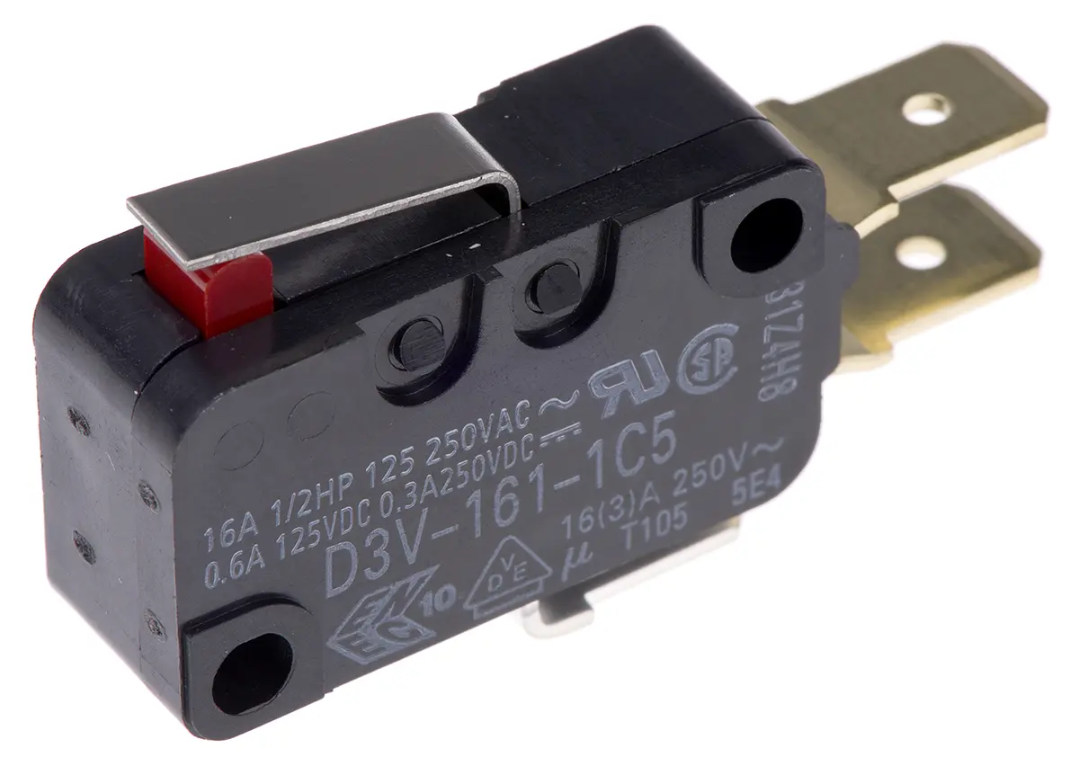 Produktfoto 1 von Omron Mikroschalter Scharnierhebel kurz-Betätiger Stecker, 1-poliger Umschalter, 250 V ac, 250 V dc, 16A IP40 -25 °C -