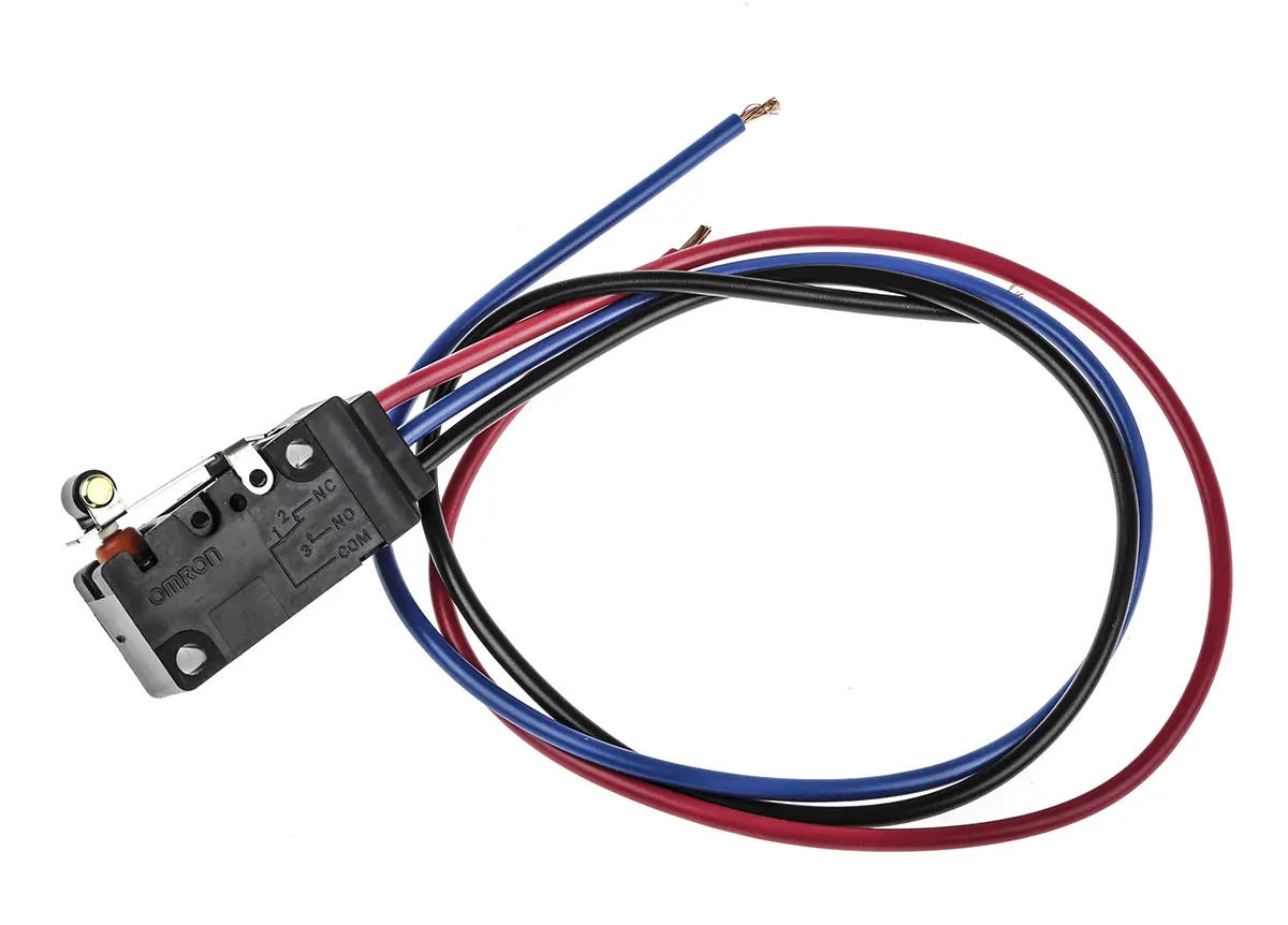 Produktfoto 1 von Omron Schalter Kurzer Rollenhebelbetätiger-Betätiger Vorverdrahtet, 1-poliger Umschalter, 30 V dc, 5A IP67 2.25N -40 °C