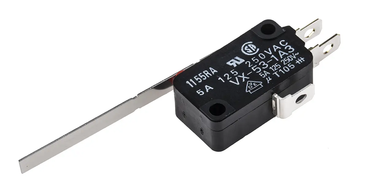 Produktfoto 1 von Omron Mikroschalter Scharnierhebel lang-Betätiger Lot, 1-poliger Umschalter, 250 V ac, 5A IP40 0.2N -25 °C - 80 °C