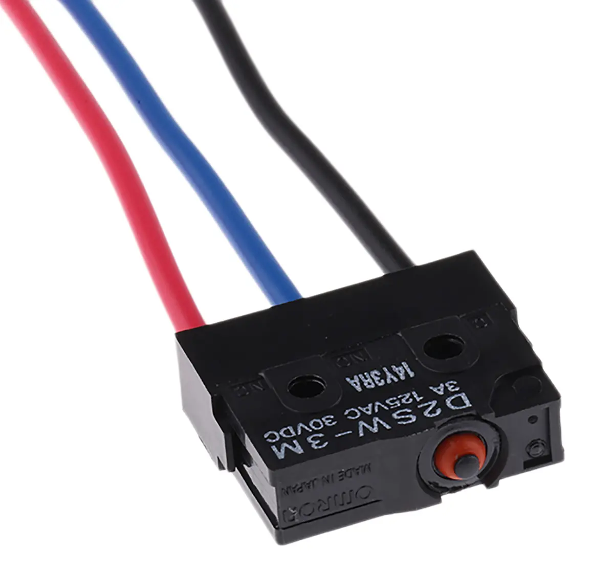 Produktfoto 1 von Omron Mikroschalter Stiftstößel-Betätiger Vorverdrahtet, 1-poliger Umschalter, 250 V ac, 30 V dc, 3A IP67 1.77N -40 °C -