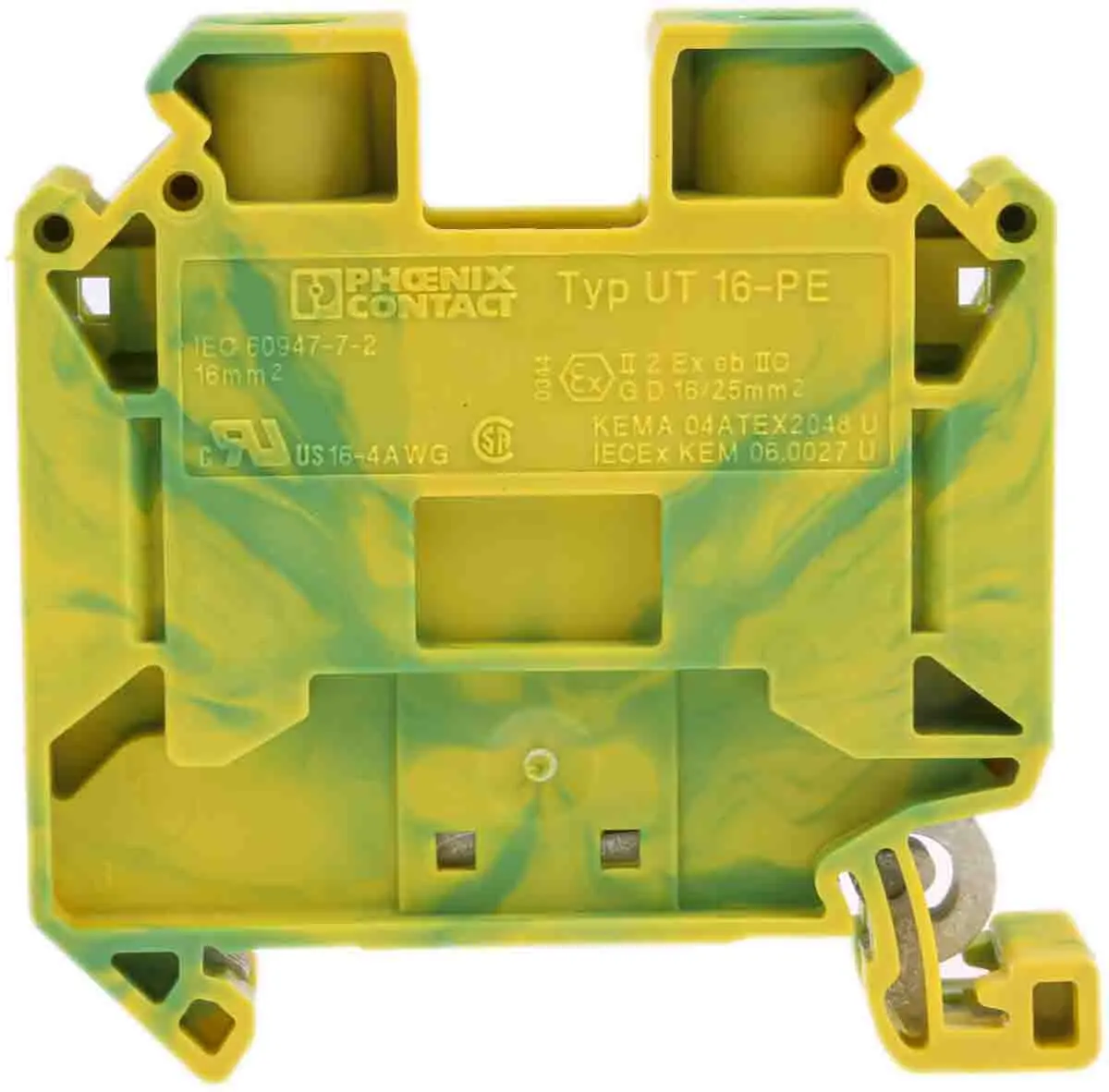 Produktfoto 1 von Phoenix Contact UT 16-PE Schutzleiterklemme 1 Grün, Gelb, 1.5 to 25 mm², 8 kV Schraubbefestigung ATEX