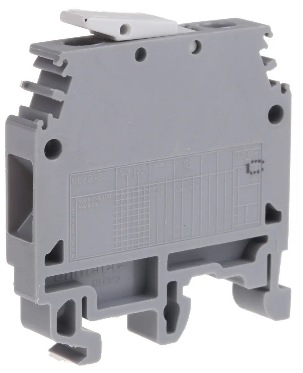 Produktfoto 1 von Entrelec SNA Anschlussklemmenblock DIN-Schiene 1 Grau, 6 mm², 400 V ac Schraubbefestigung