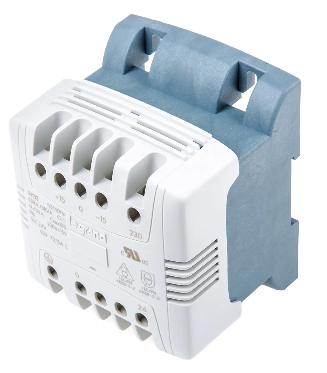 Produktfoto 1 von Legrand 8000 VA DIN-Schienen-Trafo, Primär 215 V ac, 230 V ac, 245 V ac / Sekundär 24 V ac Direkt, Klemme 1 Ausg., 94 mm