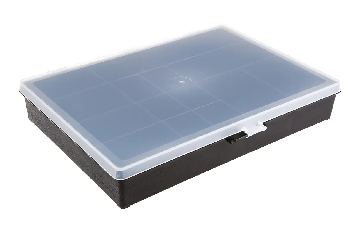 Produktfoto 1 von Raaco Kleinteilebox, Polypropylen Schwarz, 14 Fächer, 55 mm x 332 mm x 254 mm