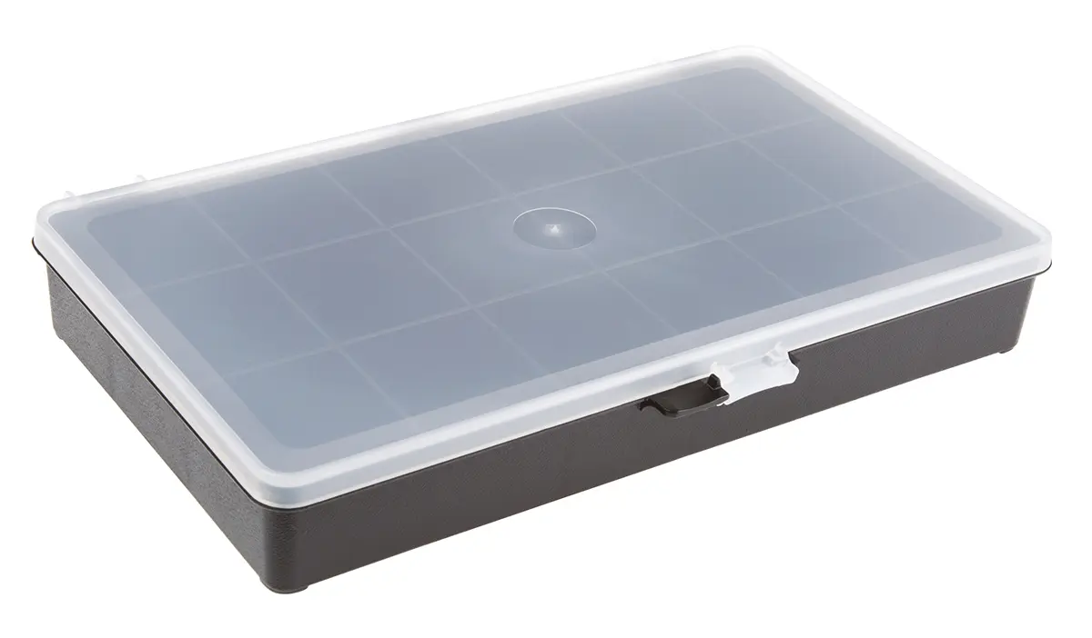 Produktfoto 1 von Raaco Kleinteilebox, Polypropylen Schwarz, 18 Fächer, 41 mm x 271 mm x 173 mm