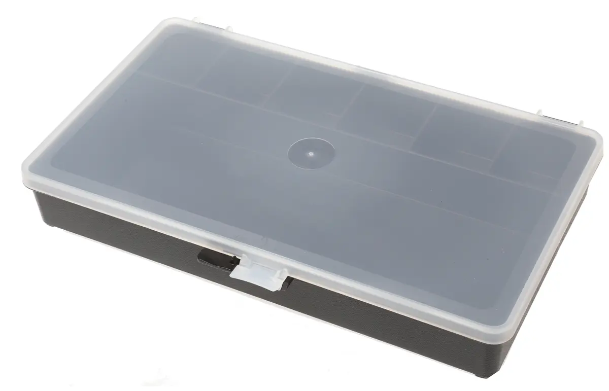 Produktfoto 1 von Raaco Kleinteilebox, Polypropylen Schwarz, 7 Fächer, 41 mm x 271 mm x 173 mm