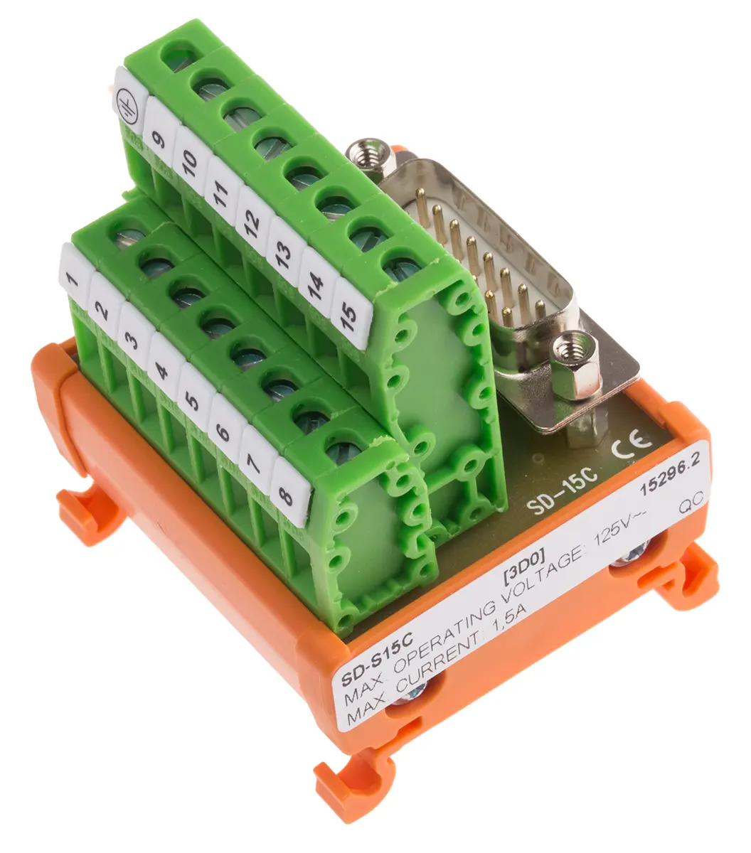 Produktfoto 1 von RS PRO Schnittstellenmodul D-SUB, Stecker, 15-polig, 125 V ac/dc, DIN-Hutschiene 1.5A