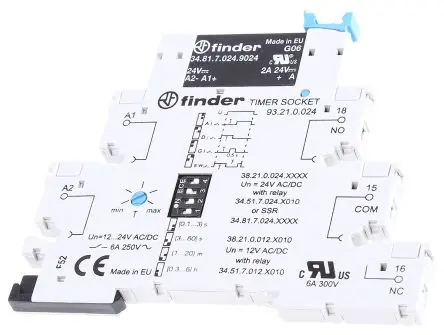 Produktfoto 1 von Finder 38 Zeitrelais, DIN-Hutschiene 220 to 240 V dc 24V ac, 0.1 s to 6 h, 1 Kont. Multifunktion, 1-poliger Umschalter