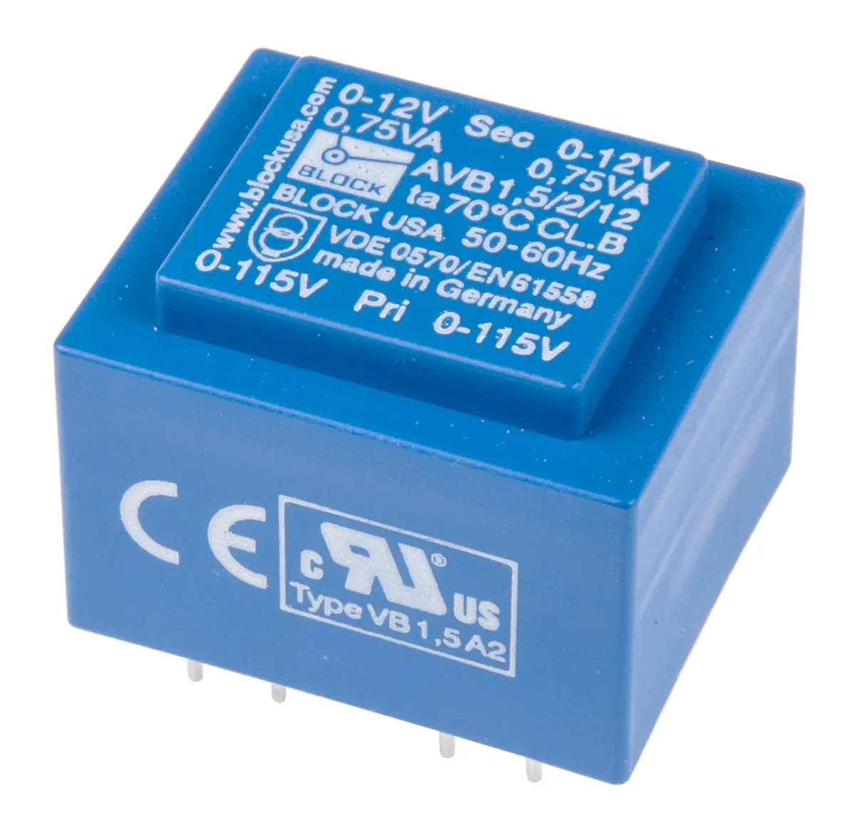 Produktfoto 1 von Block Printtrafo, Trafo 115 V ac, 230 V ac / 12V ac 1.5VA 2 Ausg. 32.3mm x 27.3mm x 23.8mm 80g Durchsteckmontage