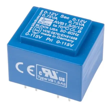 Produktfoto 1 von Block Printtrafo, Trafo 115 V ac, 230 V ac / 12 V ac 2 Ausg. 1.5 VA 32.3 mm x 27.3mm x 23.8 mm 0.08 kg Stift