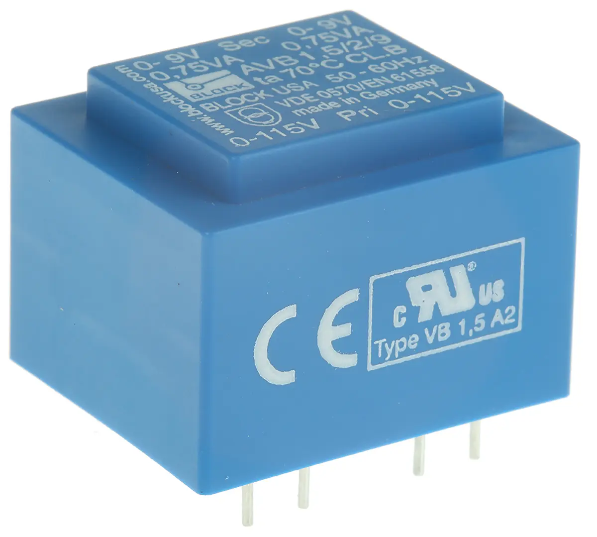 Produktfoto 1 von Block Printtrafo, Trafo 115 V ac, 230 V ac / 9 V ac 2  Ausg. 1.5 VA 32.3 mm x 27.3 mm x 23.8 mm 0.08 kg Stift