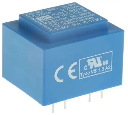 Produktfoto 1 von Block Printtrafo, Trafo 115 V ac, 230 V ac / 9 V ac 2 Ausg. 1.5 VA 32.3 mm x 27.3mm x 23.8 mm 0.08 kg Stift