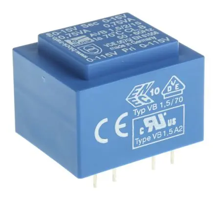 Produktfoto 1 von Block Printtrafo, Trafo 115 V ac, 230 V ac / 15 V ac 2 Ausg. 1.5 VA 32.3 mm x 27.3mm x 23.8 mm 0.08 kg Stift
