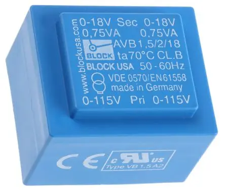 Produktfoto 1 von Block Printtrafo, Trafo 115 V ac, 230 V ac / 18 V ac 2 Ausg. 1.5 VA 32.3 mm x 27.3mm x 23.8 mm 0.08 kg Stift