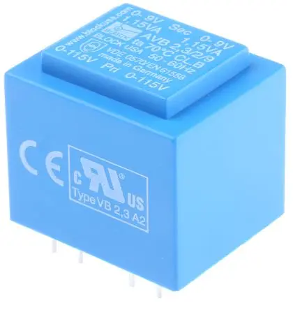 Produktfoto 1 von Block Printtrafo, Trafo 115 V ac, 230 V ac / 9 V ac 2 Ausg. 2.3 VA 32.3 mm x 27.3mm x 34 mm 0.11 kg Stift