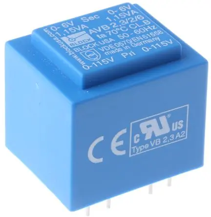 Produktfoto 1 von Block Printtrafo, Trafo 115 V ac, 230 V ac / 6 V ac 2 Ausg. 2.3 VA 32.3 mm x 27.3mm x 34 mm 0.11 kg Stift