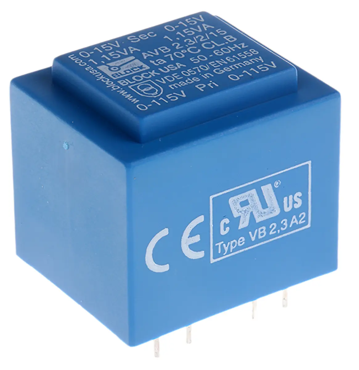 Block Printtrafo, Trafo 230 V ac / 15 V ac 2  Ausg. 2.3 VA 32.3 mm x 27.3 mm x 34 mm 110 g Durchsteckmontage