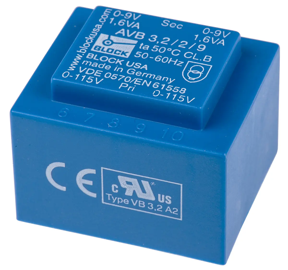 Produktfoto 1 von Block Printtrafo, Trafo 115 V ac, 230 V ac / 9 V ac 2  Ausg. 3.2 VA 41 mm x 35 mm x 30.8 mm 0.17 kg Stift