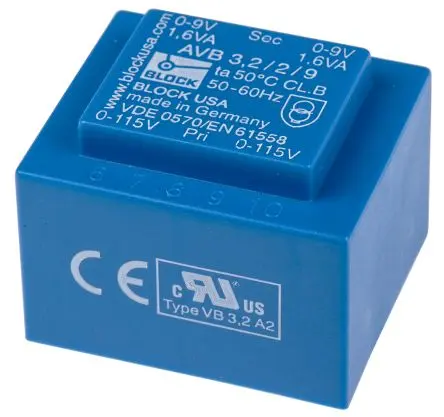Produktfoto 1 von Block Printtrafo, Trafo 115 V ac, 230 V ac / 9 V ac 2 Ausg. 3.2 VA 41 mm x 35mm x 30.8 mm 0.17 kg Stift