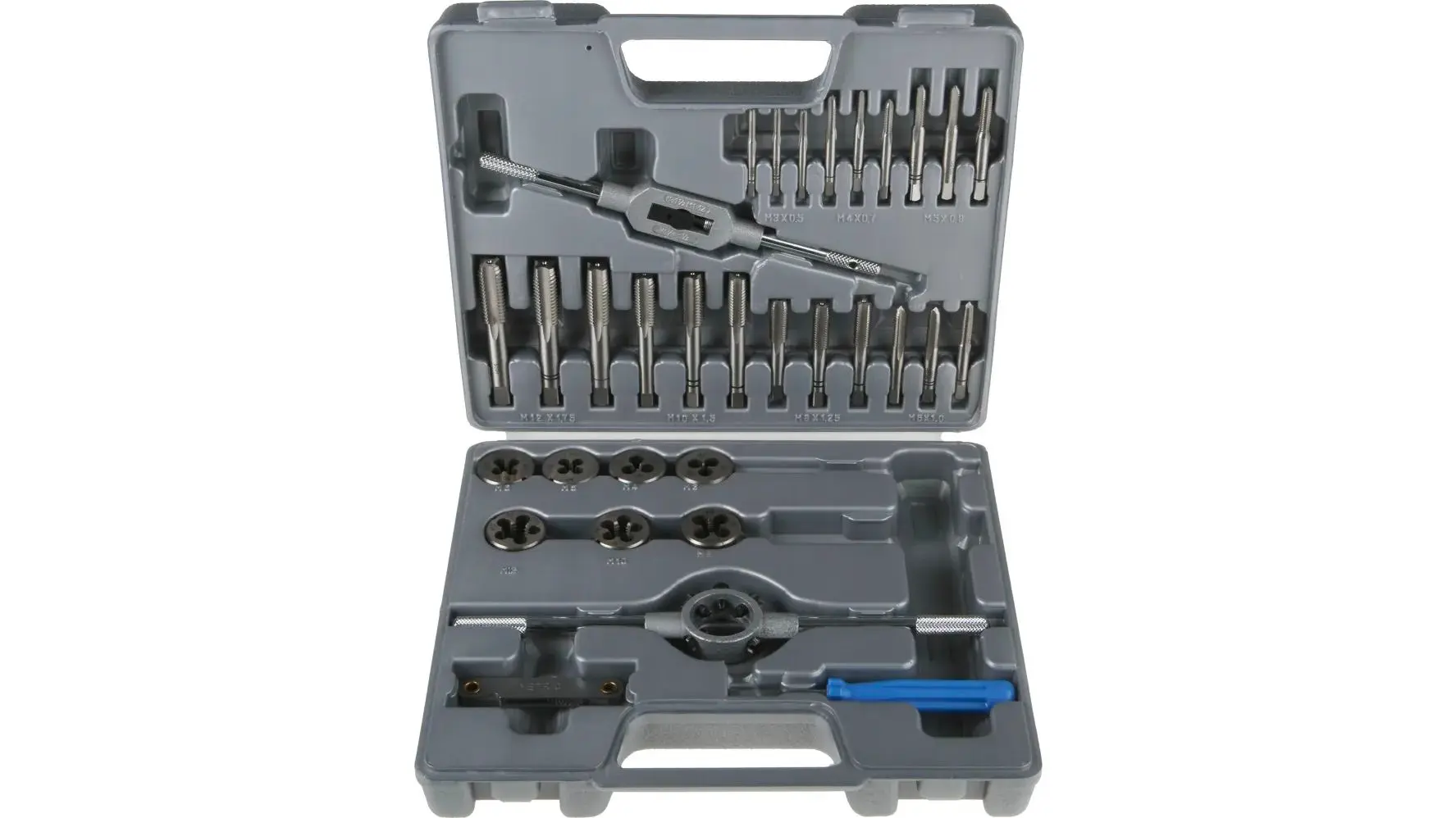 Produktfoto 1 von RS PRO HSS Gewindeschneider Satz, 32-teilig Gewindebohrer M3 → M12, Matrizen M3 → M12