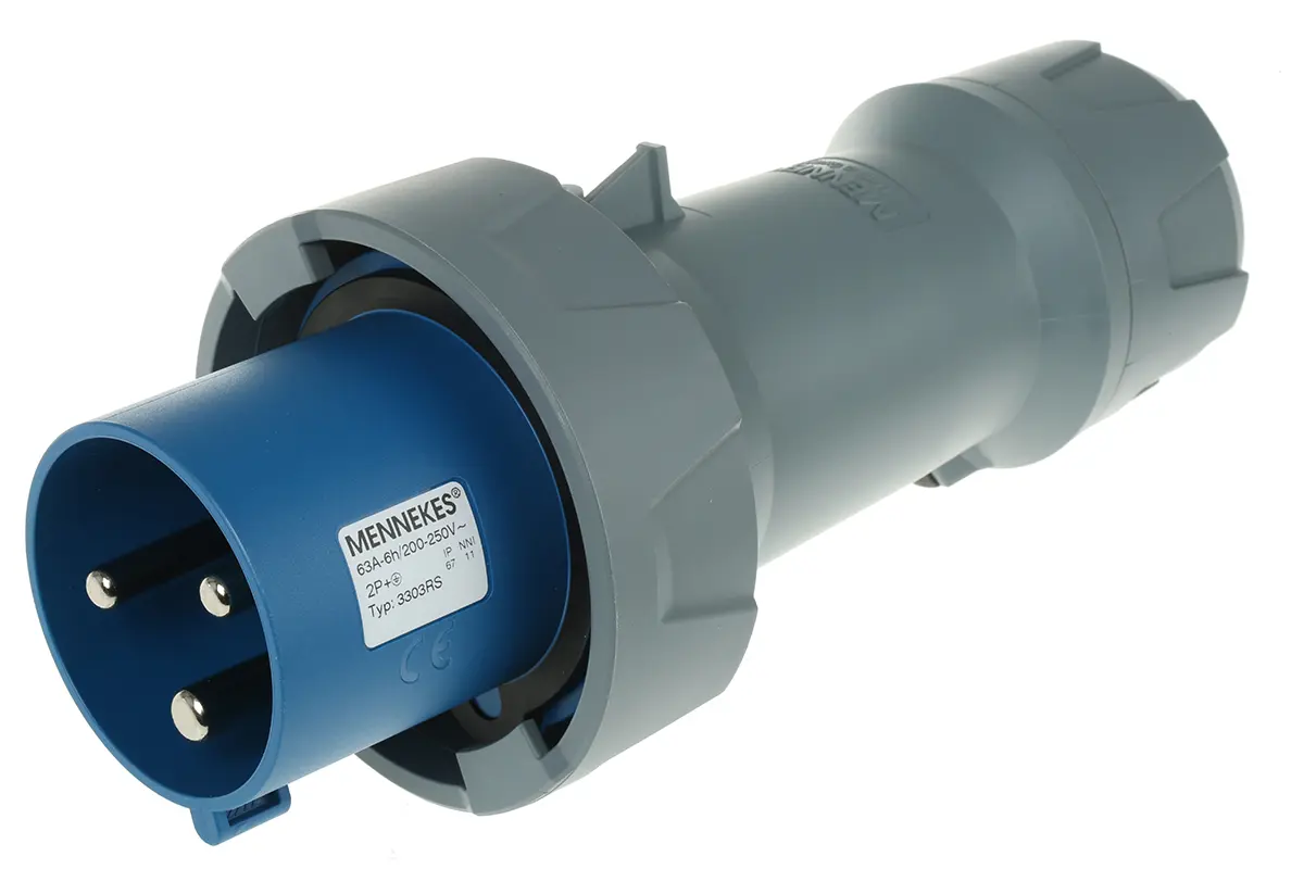 Produktfoto 1 von MENNEKES PowerTOP Leistungssteckverbinder Blau 2P+PE, 230V, Kabel Gerade IP67 63A