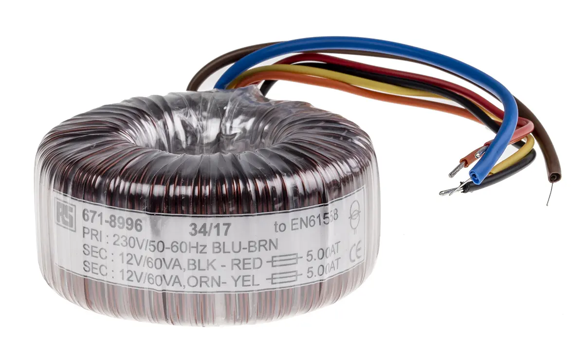 Produktfoto 1 von RS PRO Ringkerntransformator, Primär 230V ac / Sekundär 2 x 12V ac, 120VA 2 Ausg., 5A 1.4kg 96 (Dia.) x 48mm 60Hz 50Hz