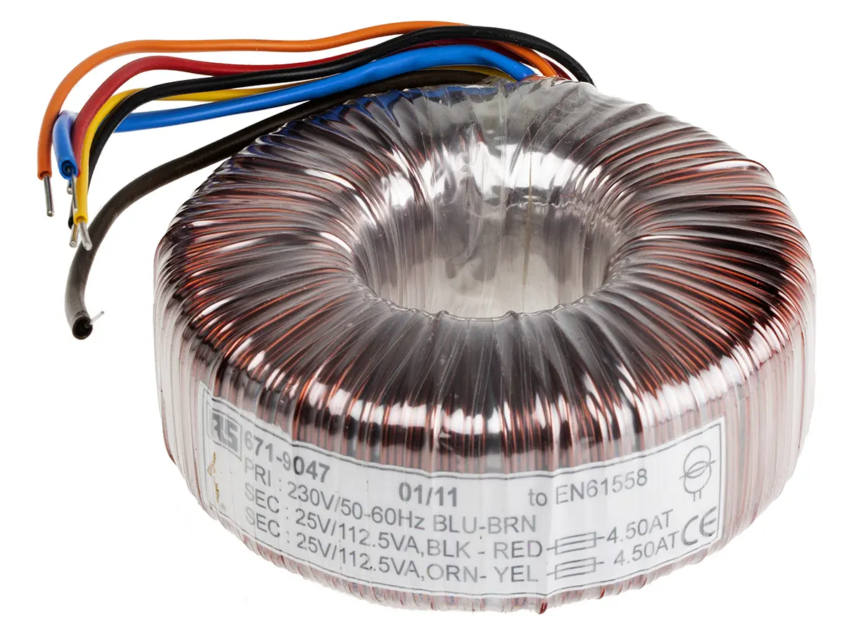 Produktfoto 1 von RS PRO Ringkerntransformator, Primär 230 V / Sekundär 55 V 2  Ausg. 225 VA, 4.5 A 2.29 kg 60 Hz 50 Hz