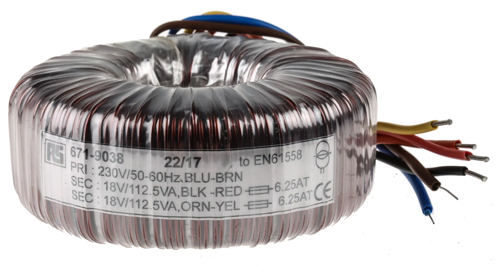 Produktfoto 1 von RS PRO Ringkerntransformator, Primär 230V ac / Sekundär 2 x 18V ac, 225VA 2 Ausg., 6.25A 2.3kg 120 (Dia.) x 50mm 60Hz