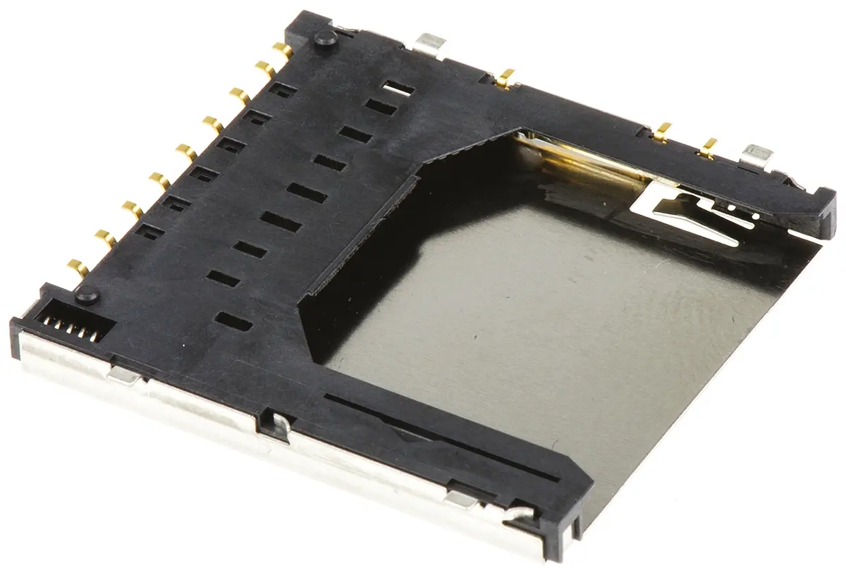 Produktfoto 1 von Hirose DM1 SD, gewinkelt Steckverbinder für Speicherkarten Buchse, 9-polig / 1-reihig Lot, Raster 2.5 mm, Push-Push