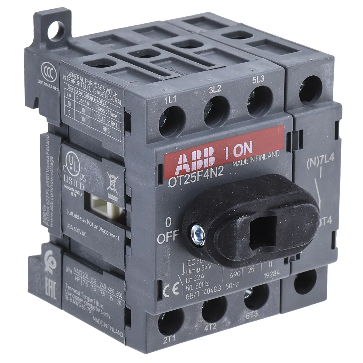 Produktfoto 1 von ABB OT Trennschalter 4-polig Basis 25A 560 kW Grau IP20 3-phasig