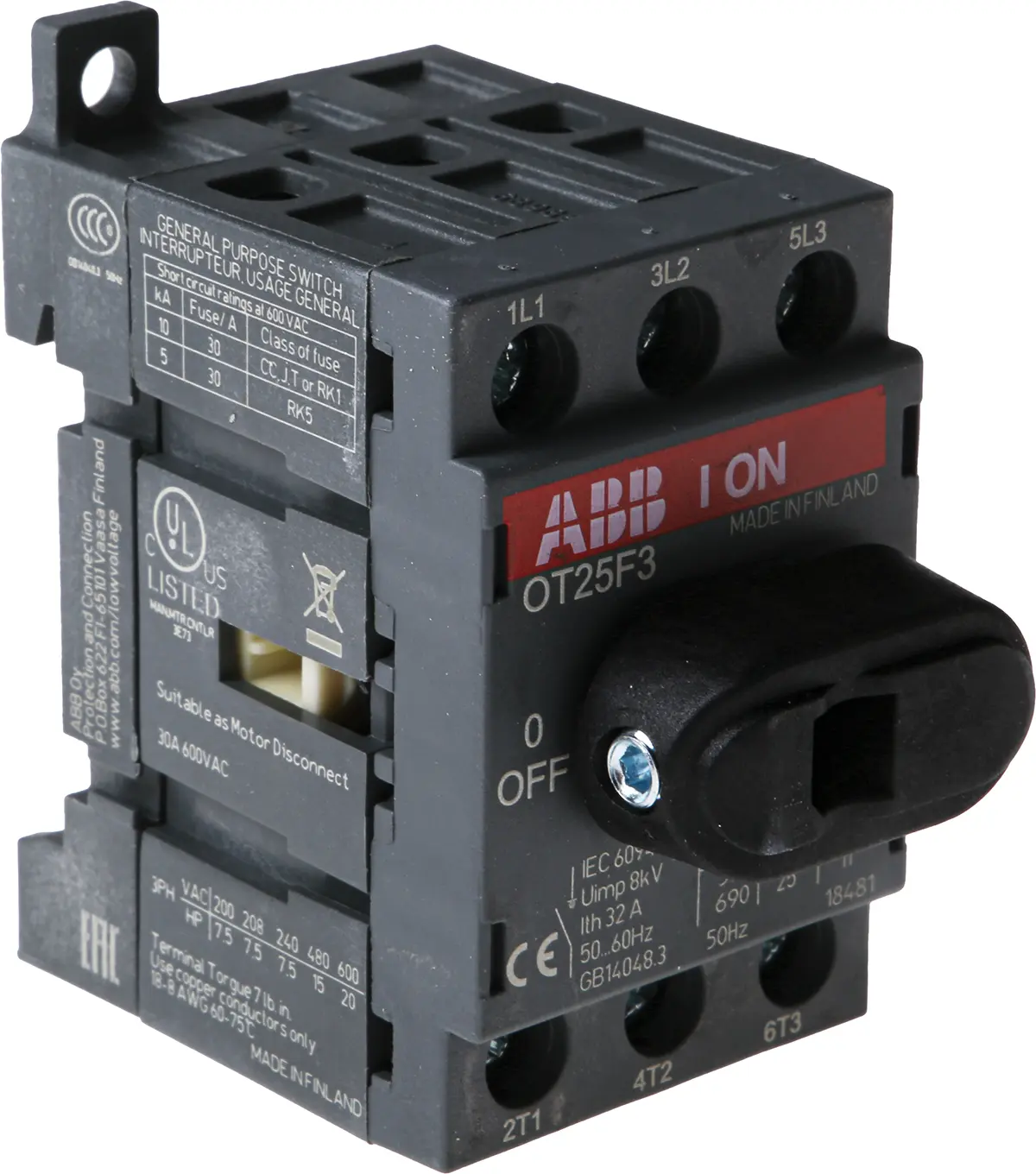 Produktfoto 1 von ABB OT25F3 Trennschalter ohne Sicherung 3-polig DIN-Hutschiene 25A 560 kW Rot IP20 3-phasig