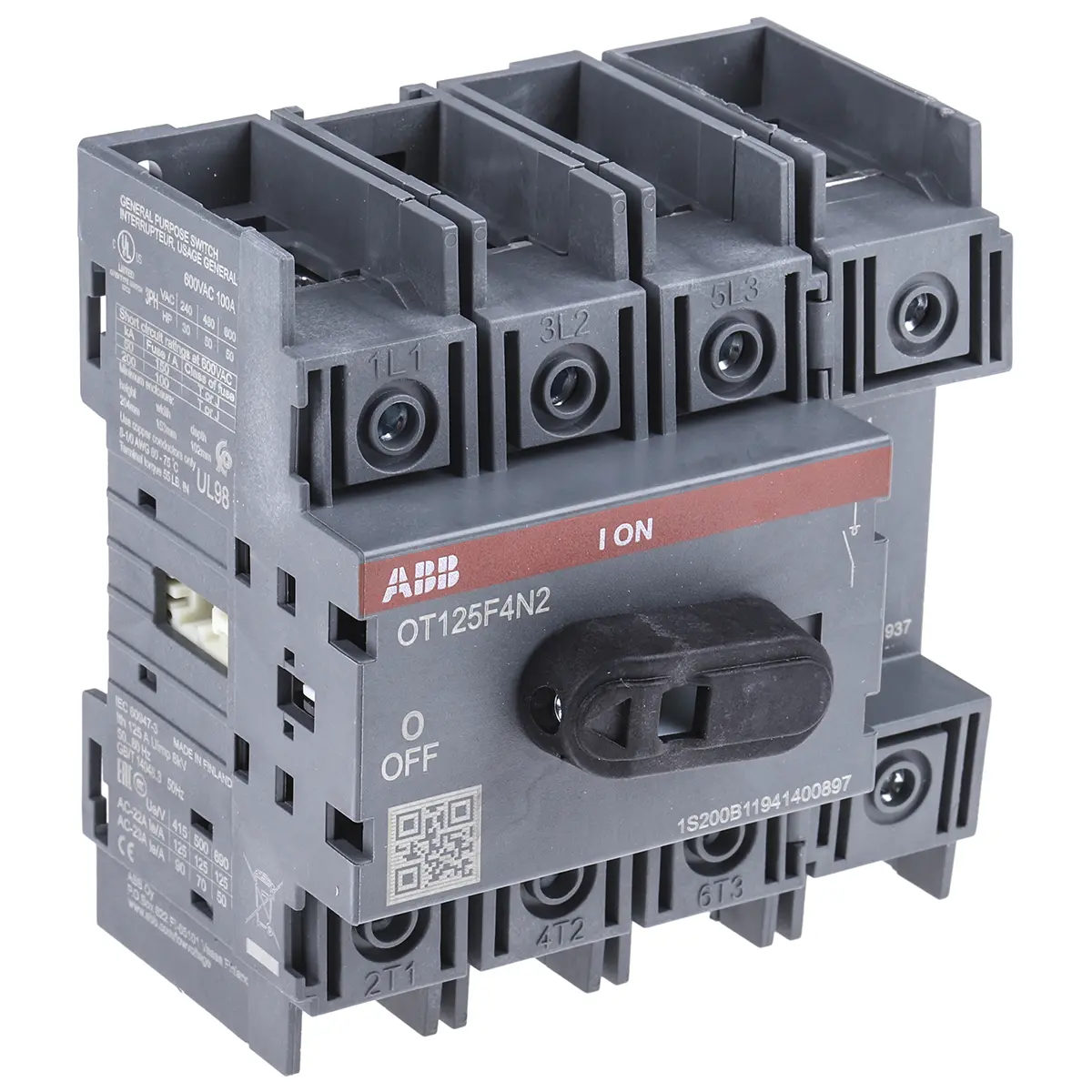 Produktfoto 1 von ABB OT Trennschalter 4-polig Basis 125A 560 kW Schwarz IP20 3-phasig