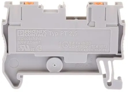 Produktfoto 1 von Phoenix Contact PT 2.5 Anschlussklemmenblock für Durchkontaktierung 1 Grau, 0.14mm², 4 mm², 800V Einsteck-Anschluss ATEX