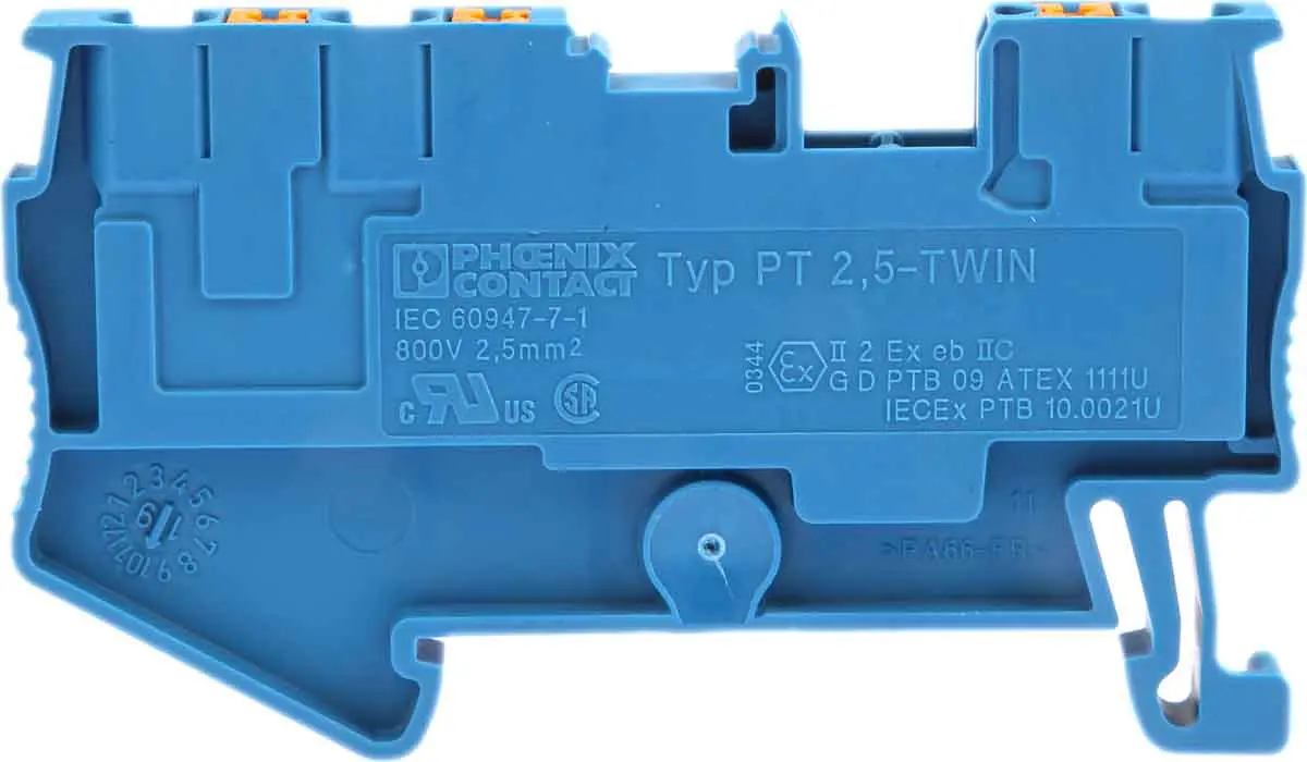 Produktfoto 1 von Phoenix Contact PT 2.5-TWIN BU Anschlussklemmenblock für Durchkontaktierung 1 Blau, 0.14 to 4 mm², 800 V