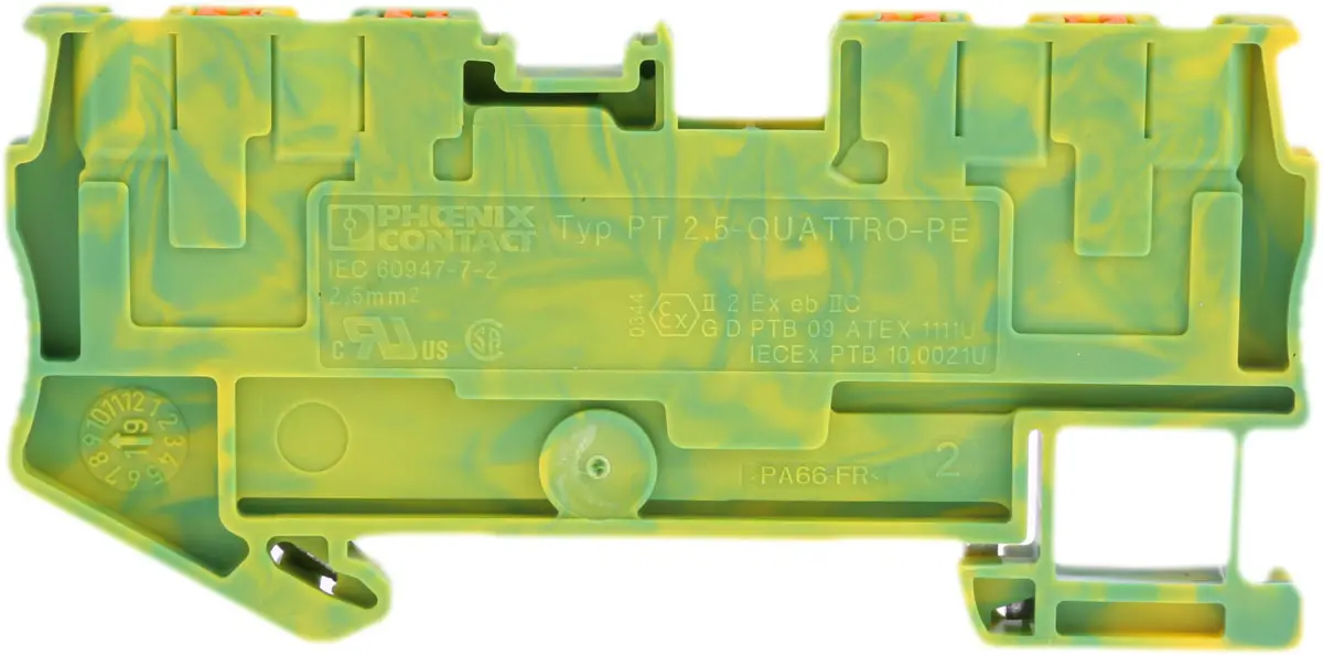 Produktfoto 1 von Phoenix Contact PT 2.5-QUATTRO-PE Schutzleiterklemme 1 Gelb, Grün, 0.14 to 4 mm², 8 kV Einsteck-Anschluss ATEX