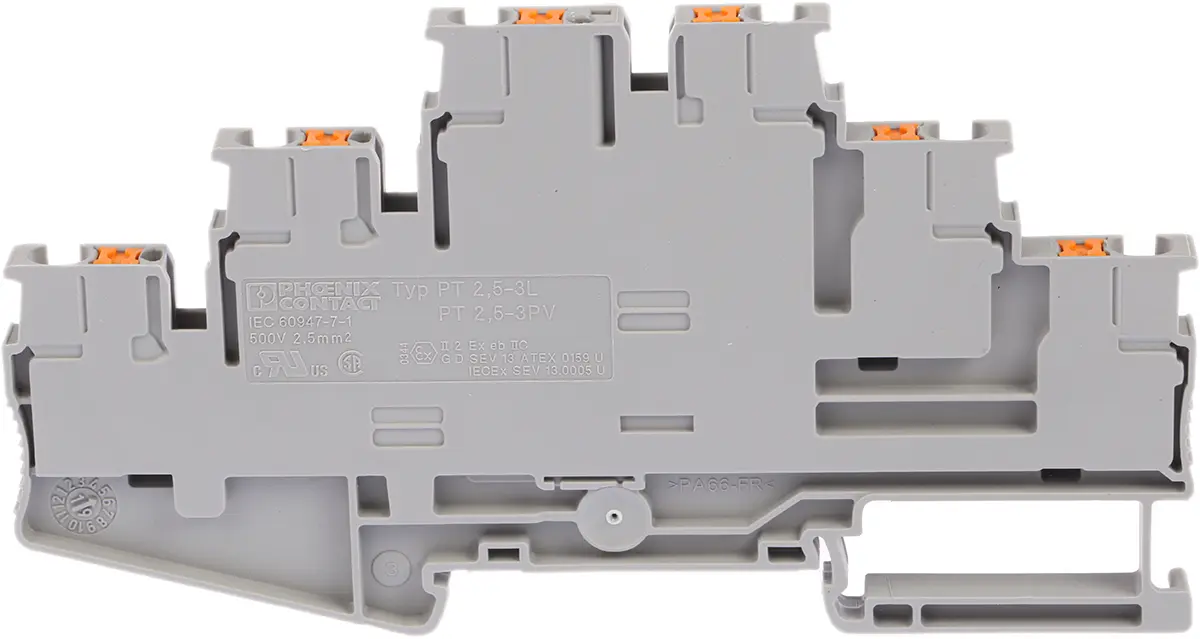 Produktfoto 1 von Phoenix Contact PT 2.5-3L Mehrstufiger Anschlussklemmenblock 3 Grau, 0.14 to 4 mm², 500 V Einsteck-Anschluss ATEX