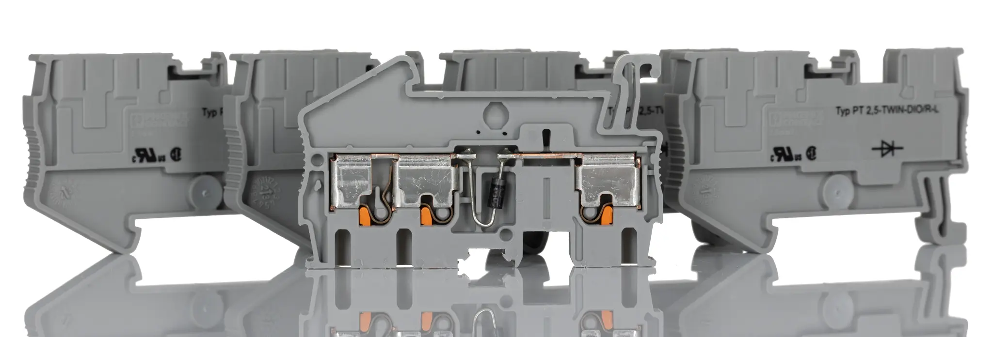 Produktfoto 1 von Phoenix Contact PT 2.5-TWIN-DIO/R-L Anschlussklemmenblock für Durchkontaktierung 1 Grau, 0.14 to 4 mm², 800 V