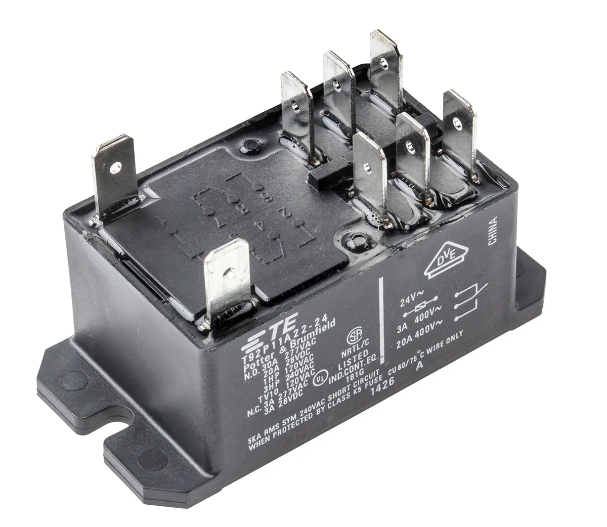 Produktfoto 1 von TE Connectivity T92 24V ac Spule 2-poliger Wechsler Steckrelais 30A 36,6Ω Monostabiles Relais