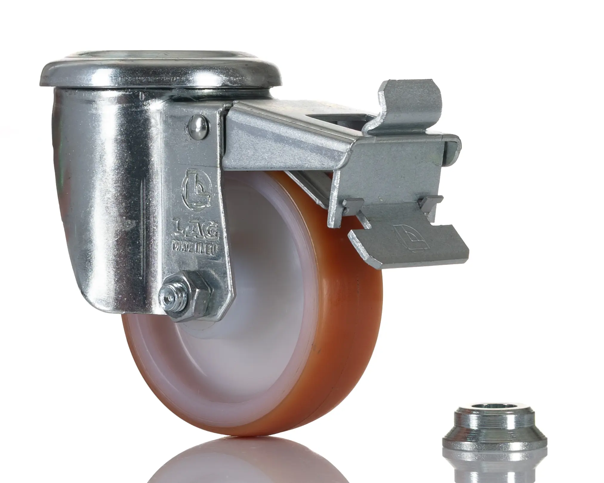 Produktfoto 1 von LAG Drehlager Lenkrolle, Rad ø 80mm, 100kg, Ges H. 106mm, Rad B. 25mm, Bolzenloch, Polyurethan-Material inkl Bremse