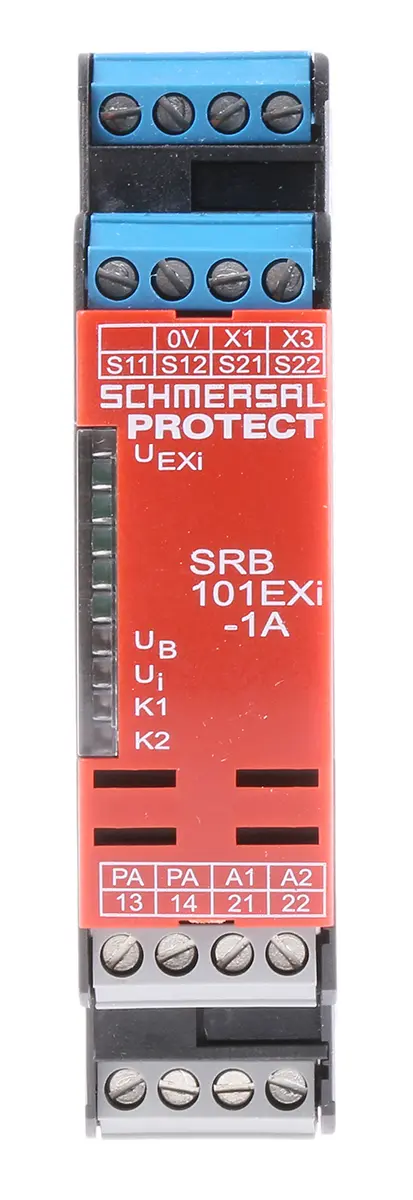 Produktfoto 1 von Schmersal SRB 101Exi Sicherheitsrelais, 24V dc, 2-Kanal, 1 Sicherheitskontakte Not-Aus, 1 Hilfsschalter, 4 ISO 13849-1,